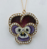 Art Nouveau Diamond, Pearl, and Enamel Pansy Pin and Pendant