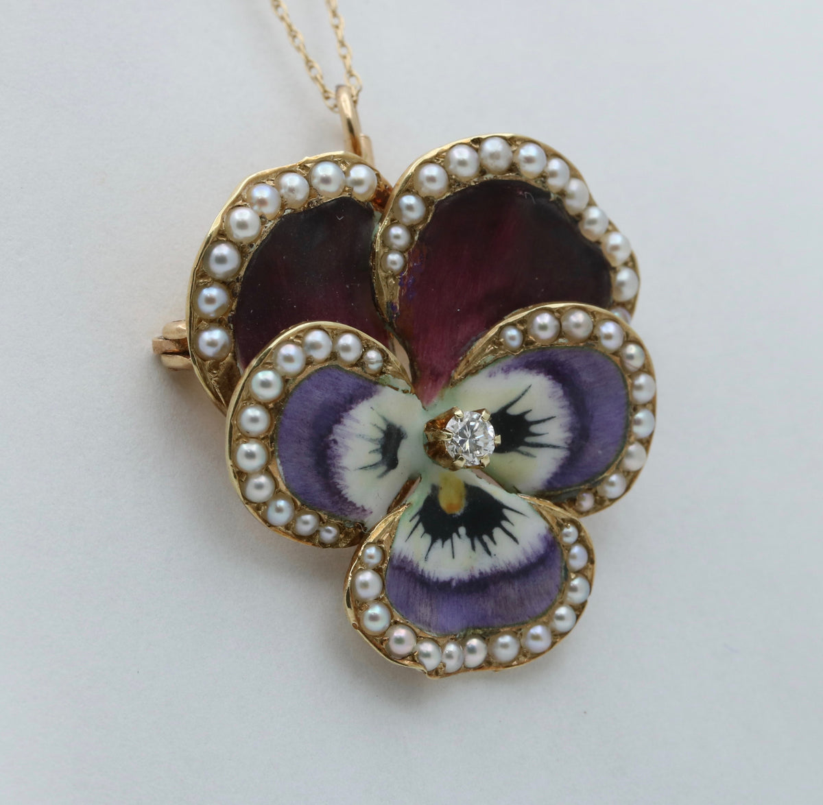 Art Nouveau Diamond, Pearl, and Enamel Pansy Pin and Pendant