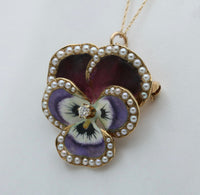 Art Nouveau Diamond, Pearl, and Enamel Pansy Pin and Pendant