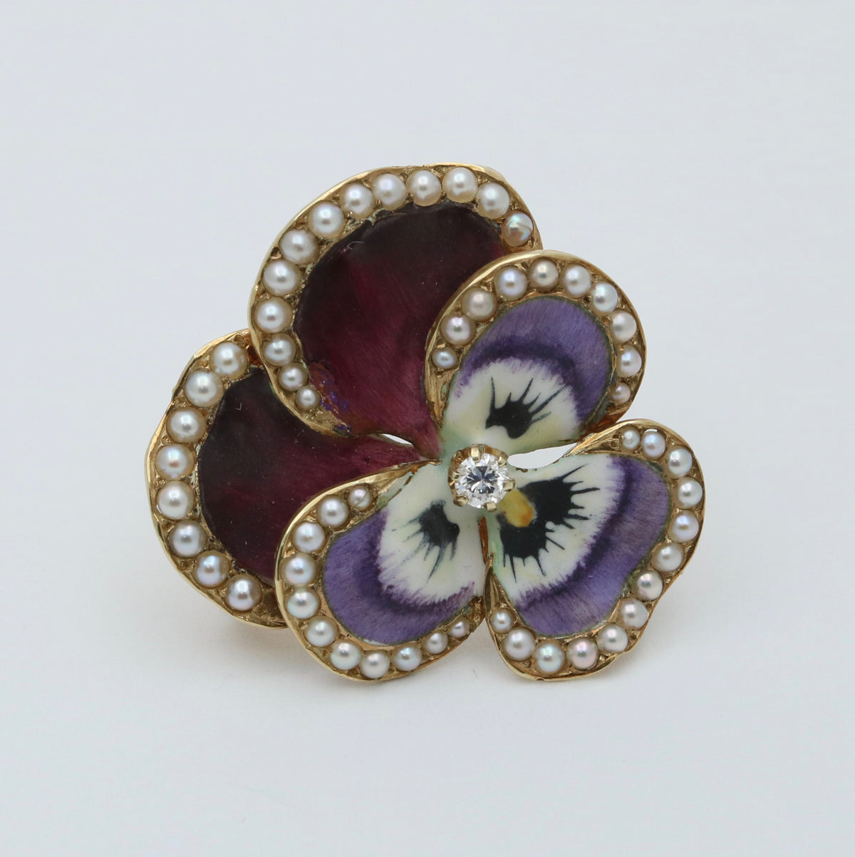 Art Nouveau Diamond, Pearl, and Enamel Pansy Pin and Pendant