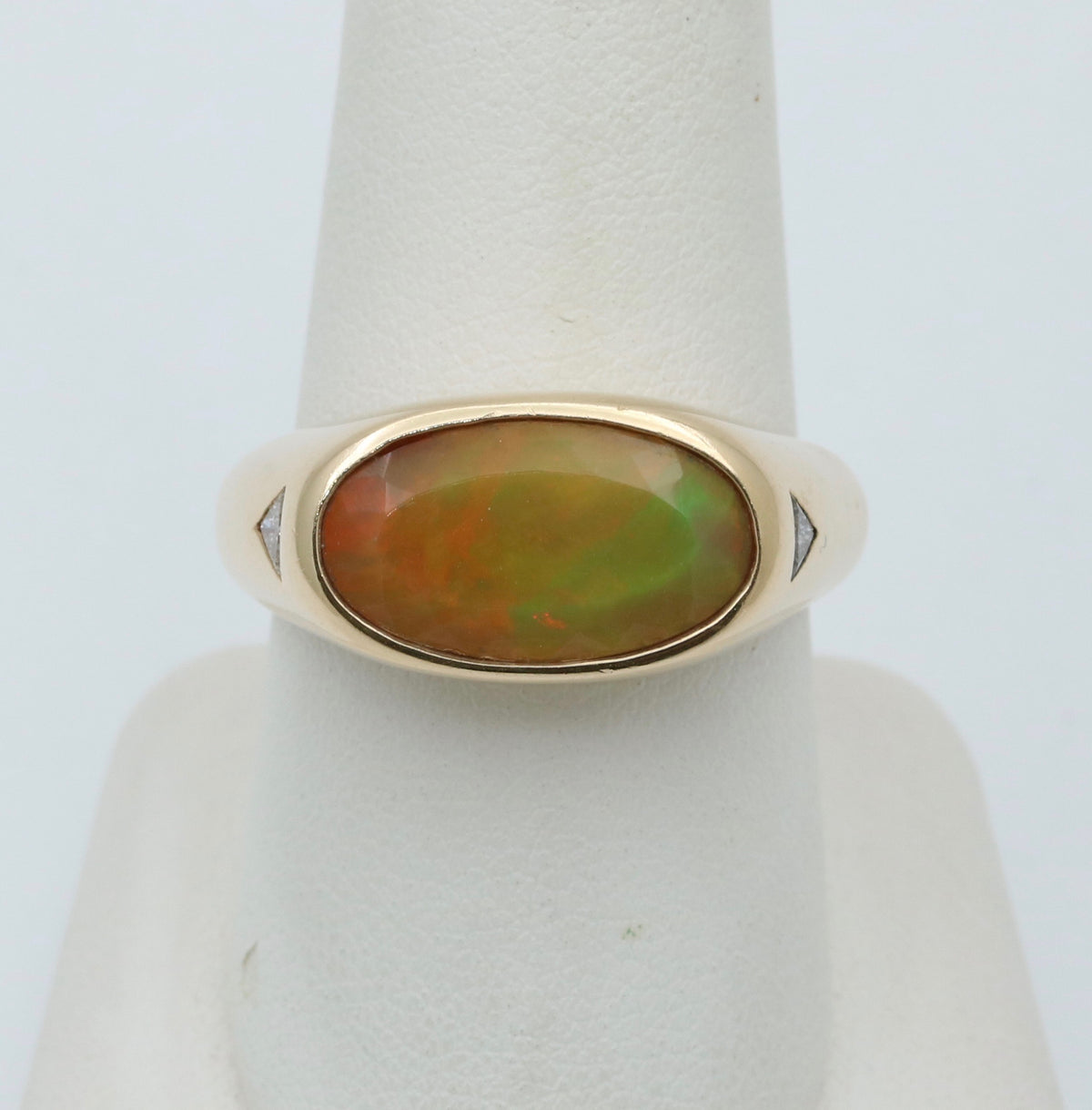 Faceted Opal and Diamond Signet Style Ring