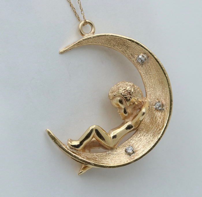 Large 18K Gold and Diamond Crescent Moon Child Pendant