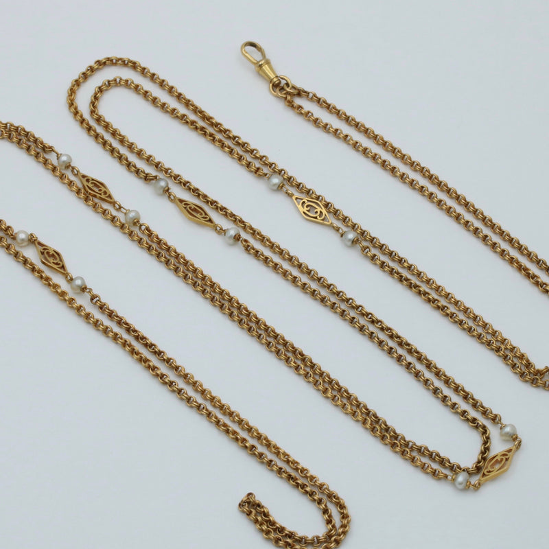 French Victorian 18K Gold and Pearl Longuard Chain, 63” Long