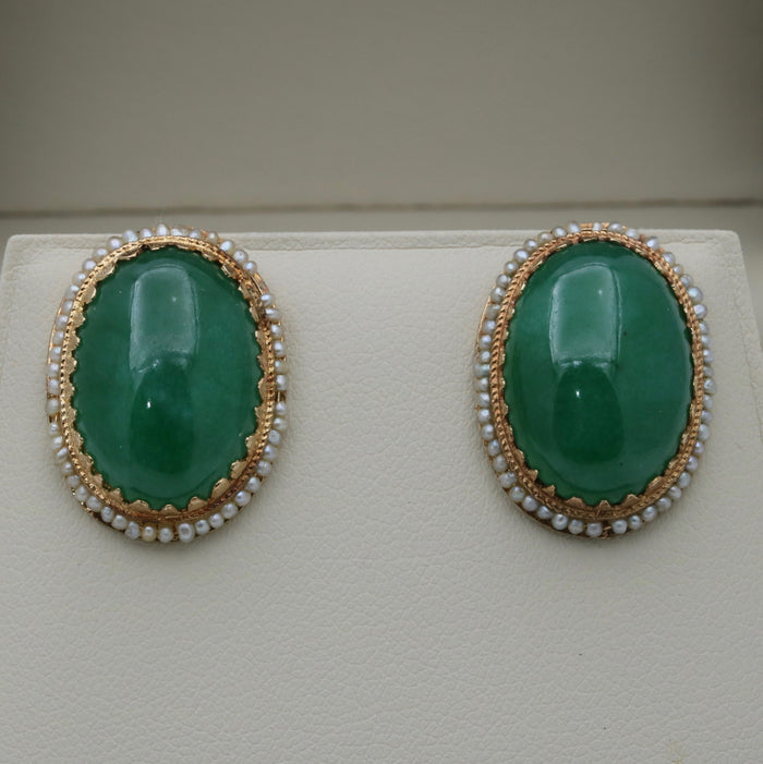 Vintage Jade and Seed Pearl Surround Earrings, 14K Gold