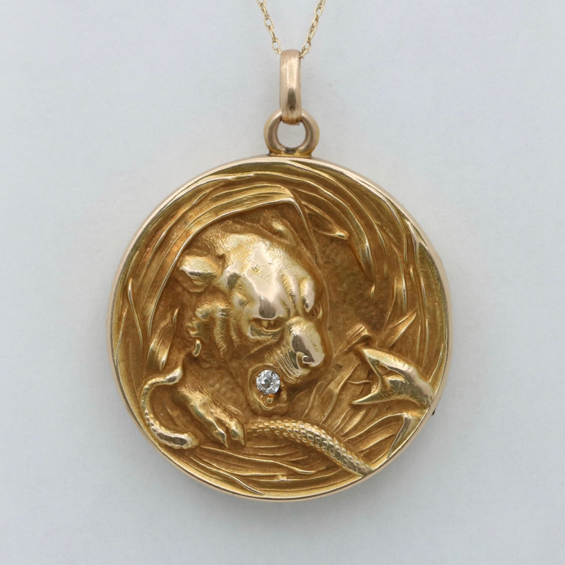 Art Nouveau 14K Gold Tiger and Snake Diamond Locket