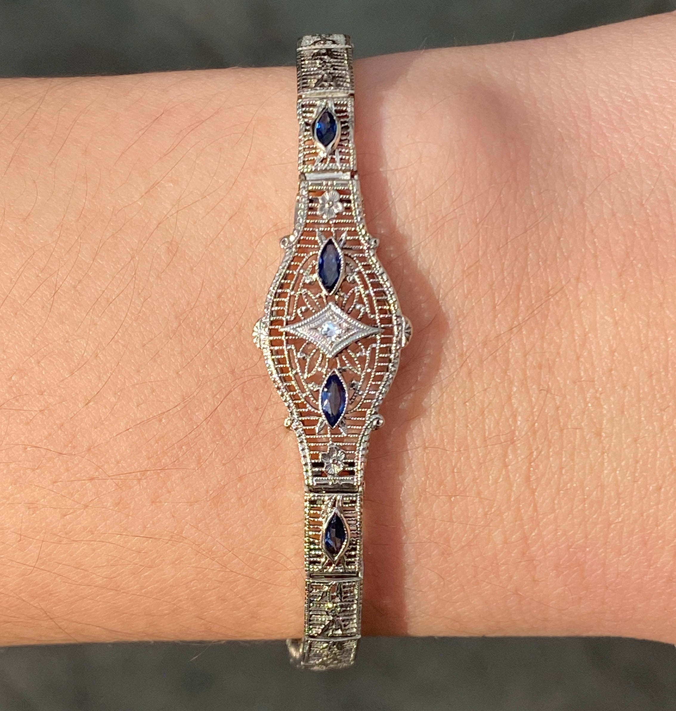 Art Deco Diamond and Sapphire* Filigree Bracelet