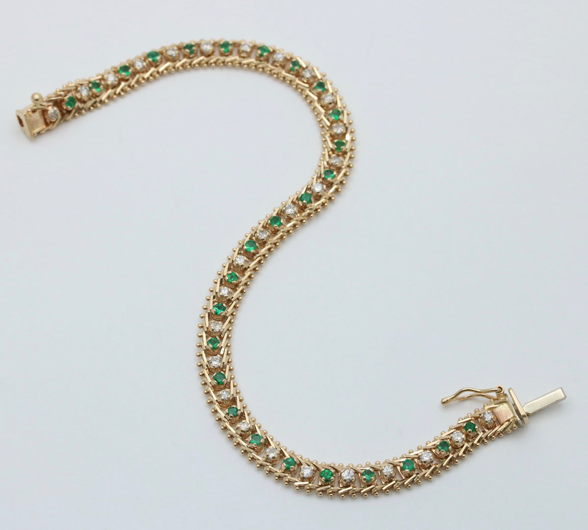 Emerald and Diamond Line Bracelet, 7.25” Long