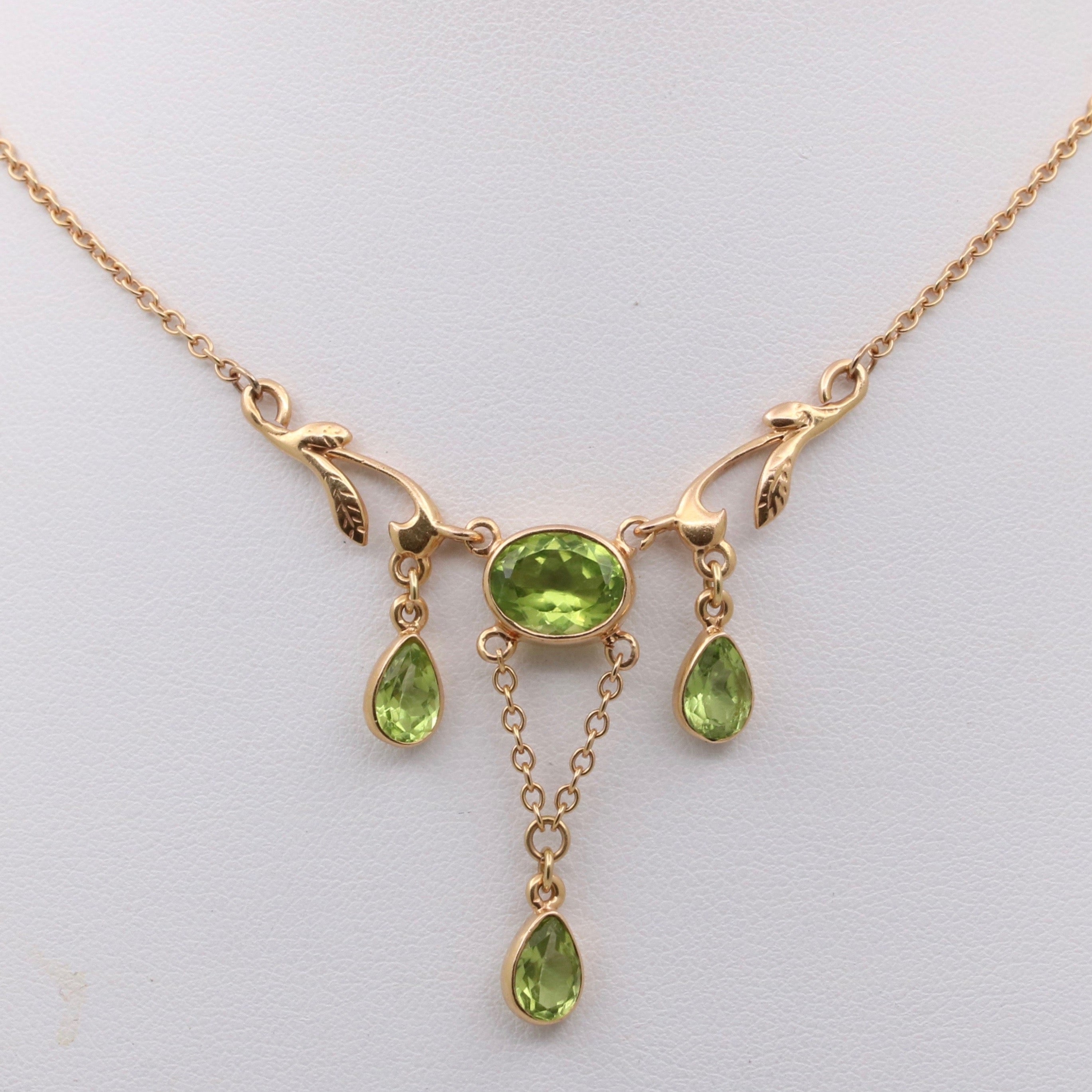 Peridot and 14K Gold Art Nouveau Style Lavalier Necklace