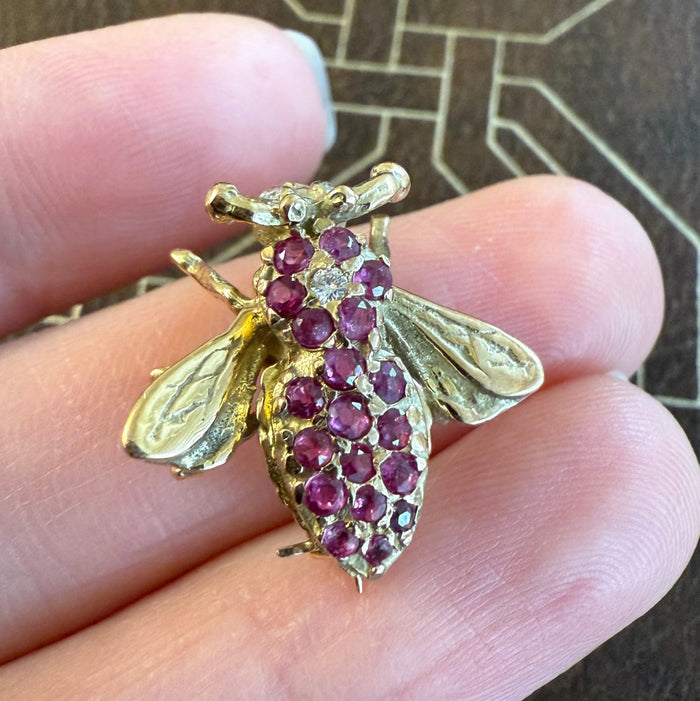 Vintage Ruby and Diamond Bee Pin, 14K Gold