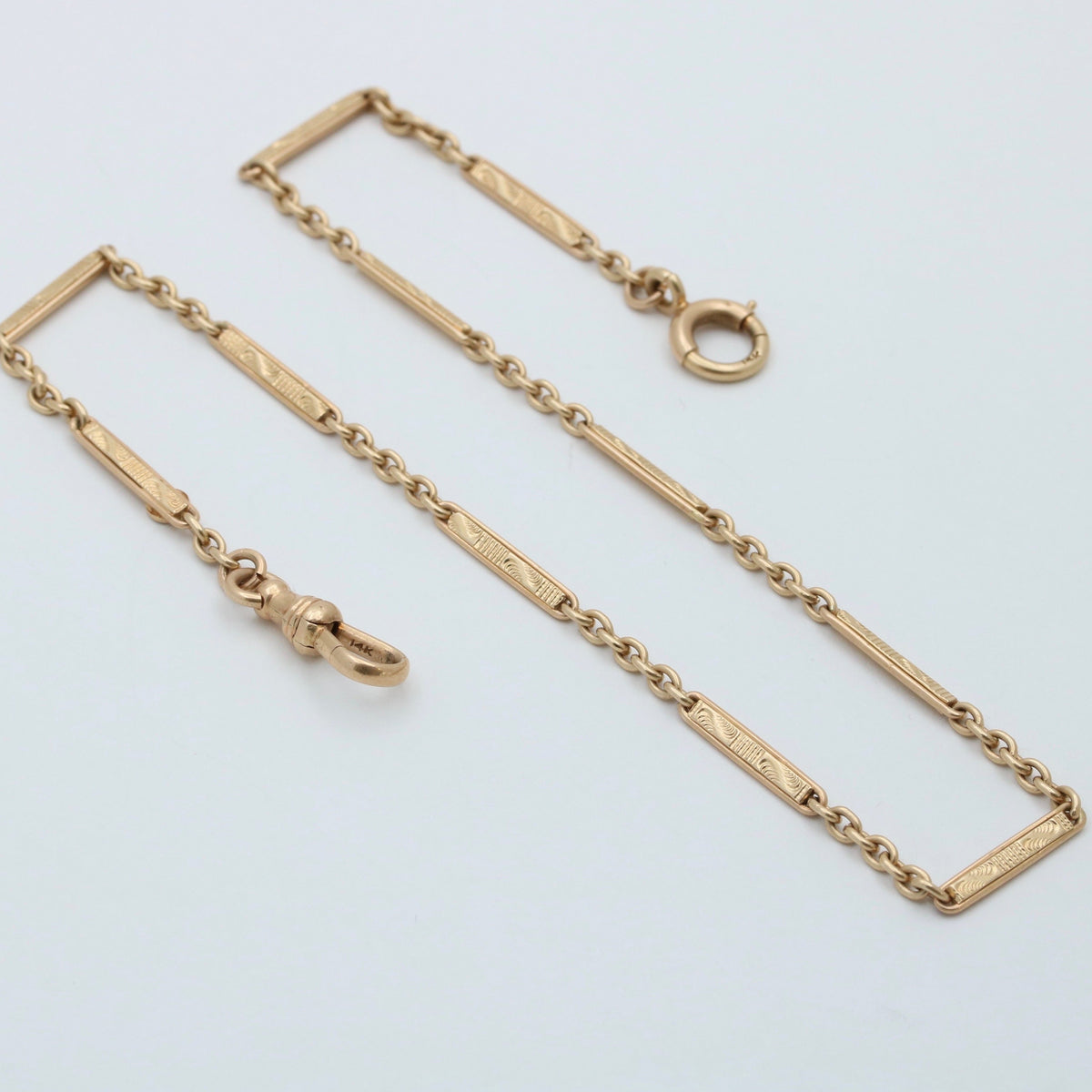 Art Deco 14K Gold Chased Flat Bar Link Watch Chain, 13.75” Long