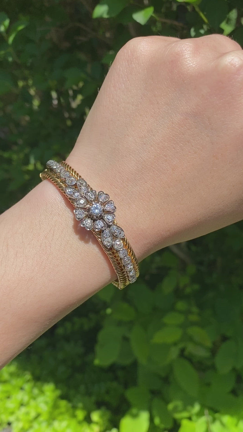 Victorian 4.5 Carat Diamond Flower Bangle Bracelet