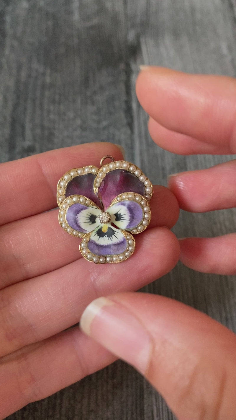 Art Nouveau Diamond, Pearl, and Enamel Pansy Pin and Pendant