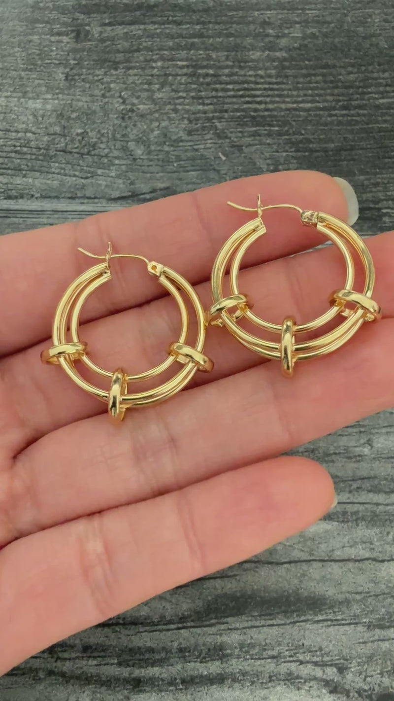 Unusual 14K Gold Tubular Cage Hoop Earrings