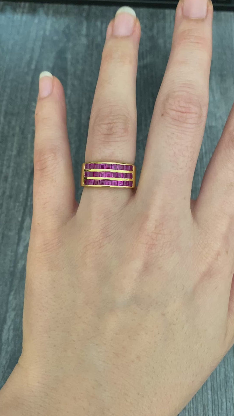 Triple Row Natural Ruby and 18K Gold Wide Band