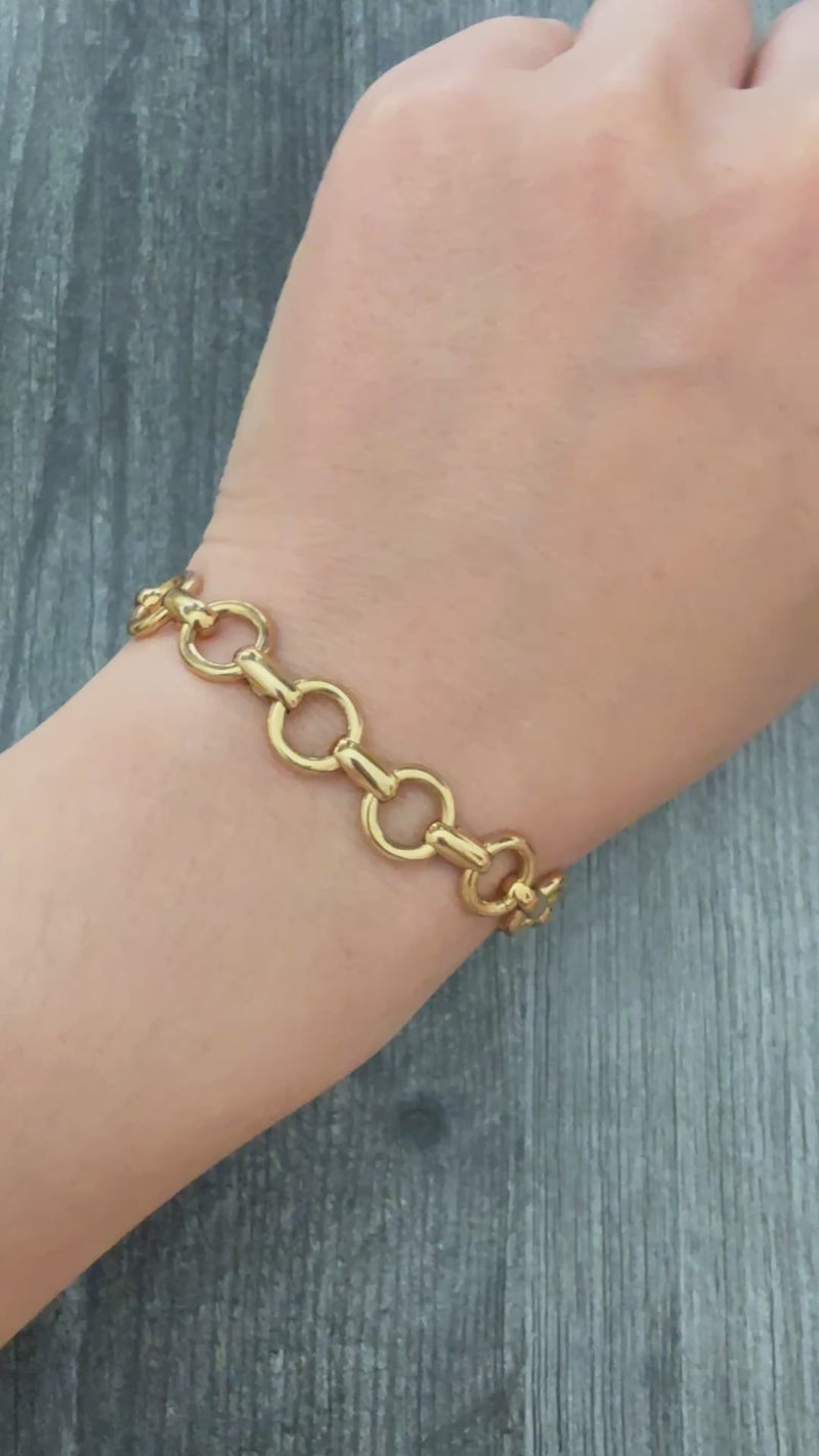 Vintage 18K Gold Circular Link Bracelet, 7.5” Long