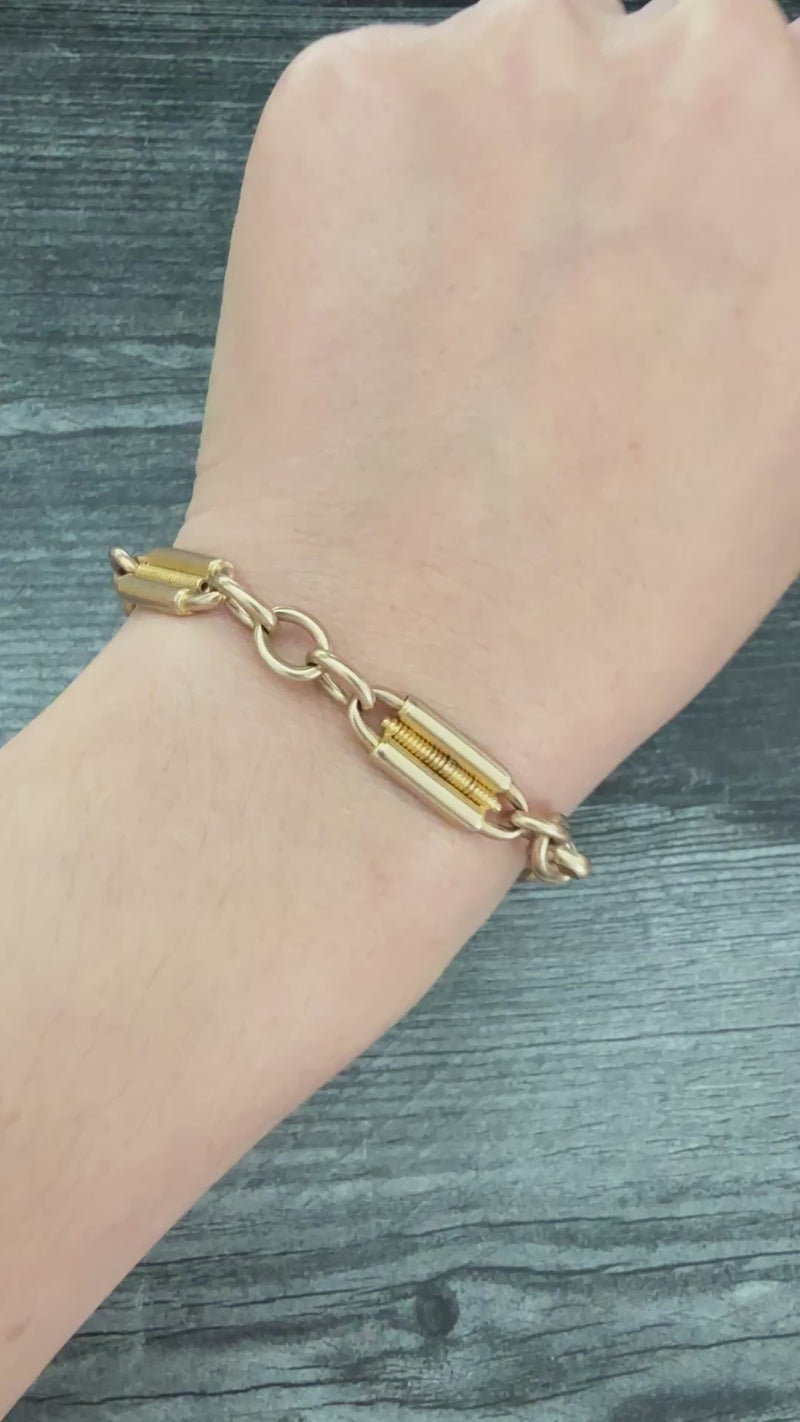 VIctorian 15K Gold Coiled Trombone Bracelet, 7.25” Long