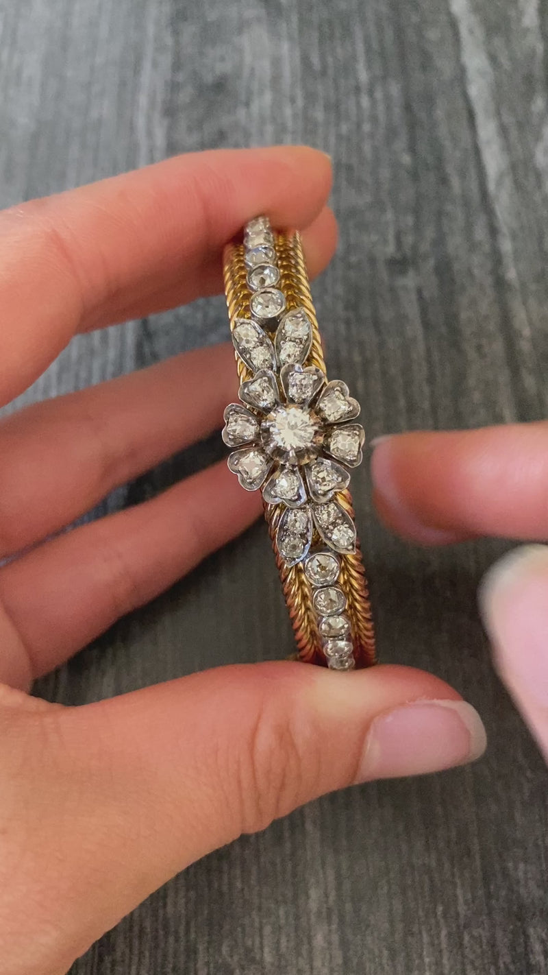 Victorian 4.5 Carat Diamond Flower Bangle Bracelet