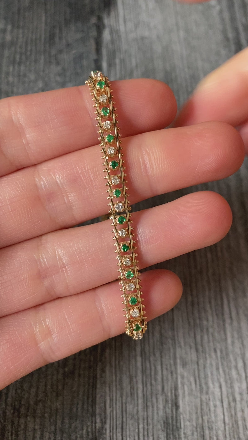 Emerald and Diamond Line Bracelet, 7.25” Long