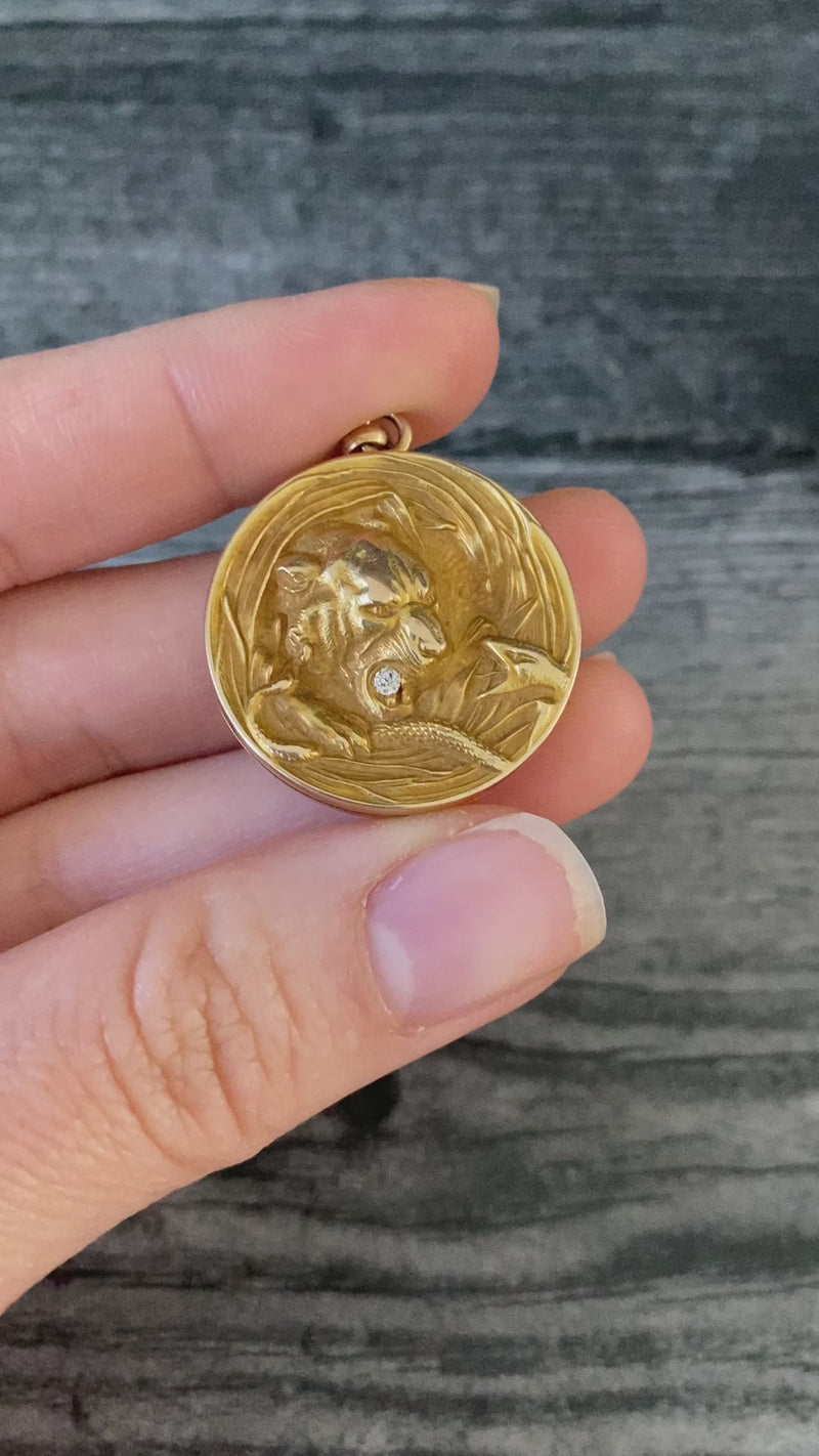 Art Nouveau 14K Gold Tiger and Snake Diamond Locket