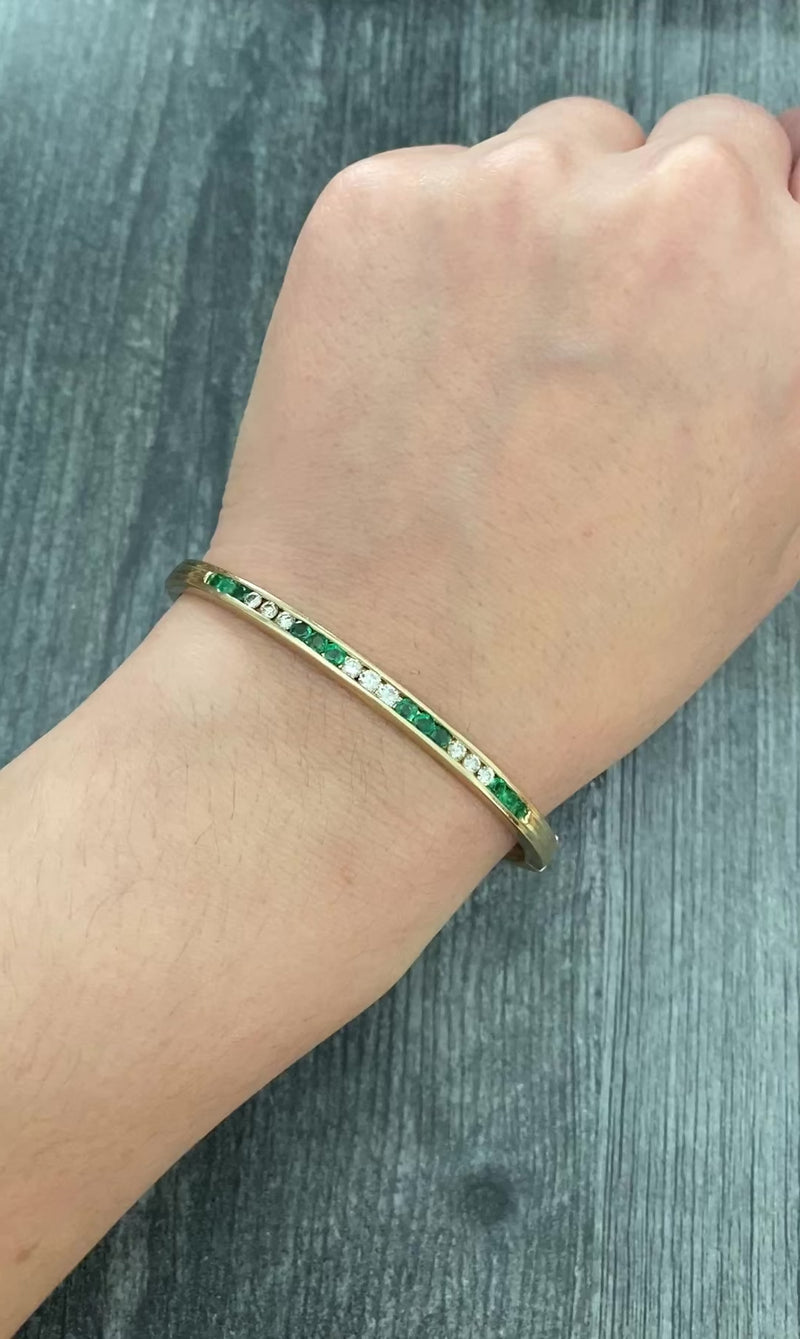 Vintage Emerald and Diamond 14K Gold Bangle, 6.75” Circumference