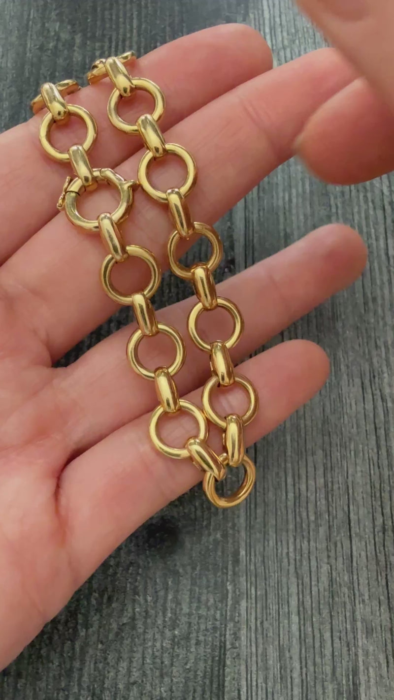 Vintage 18K Gold Circular Link Bracelet, 7.5” Long