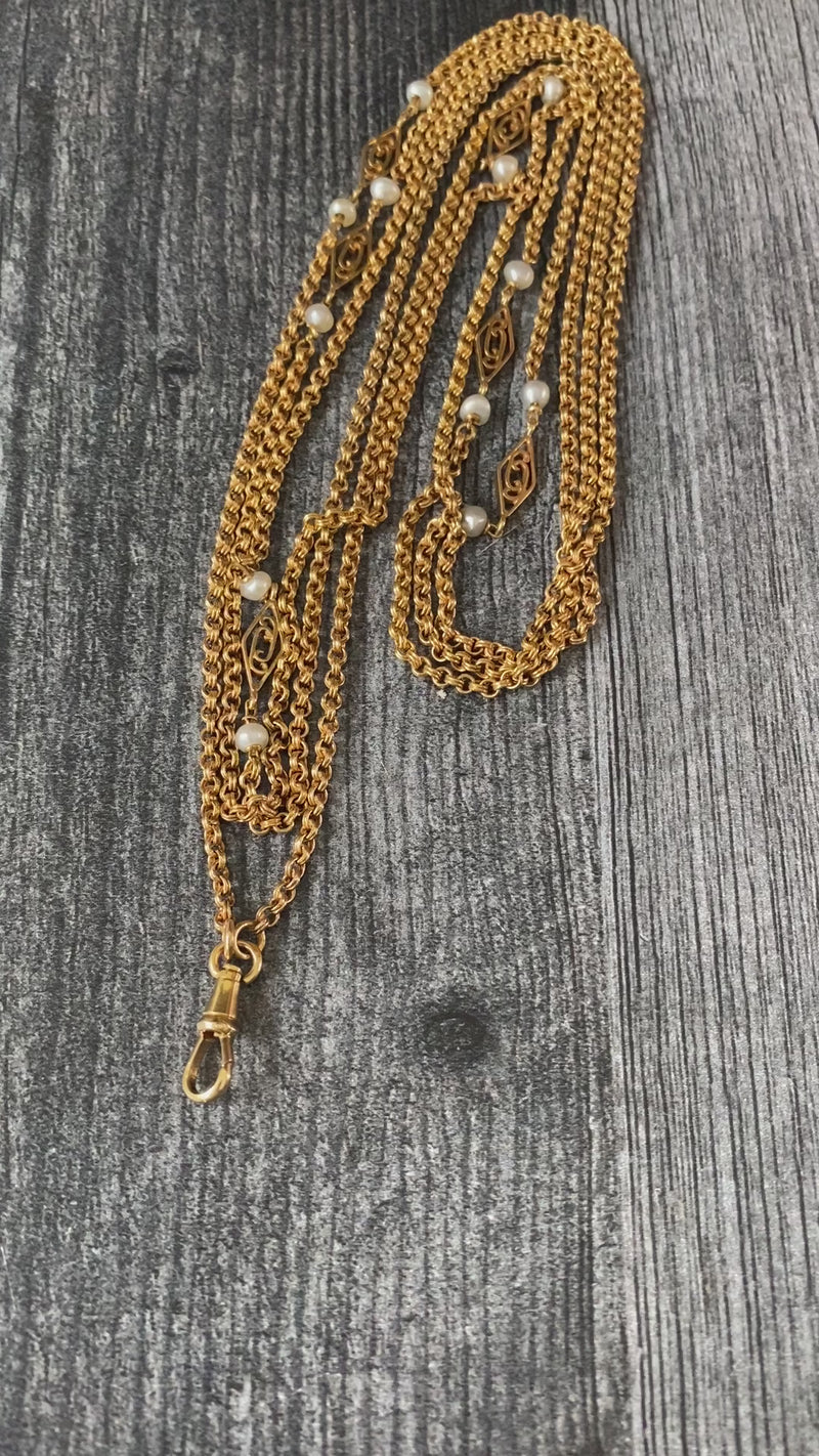 French Victorian 18K Gold and Pearl Longuard Chain, 63” Long