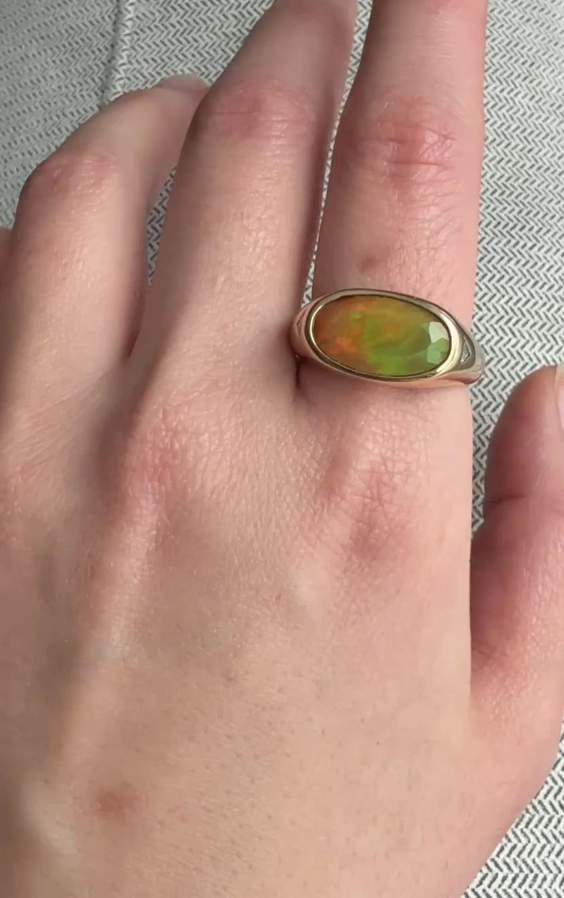 Faceted Opal and Diamond Signet Style Ring