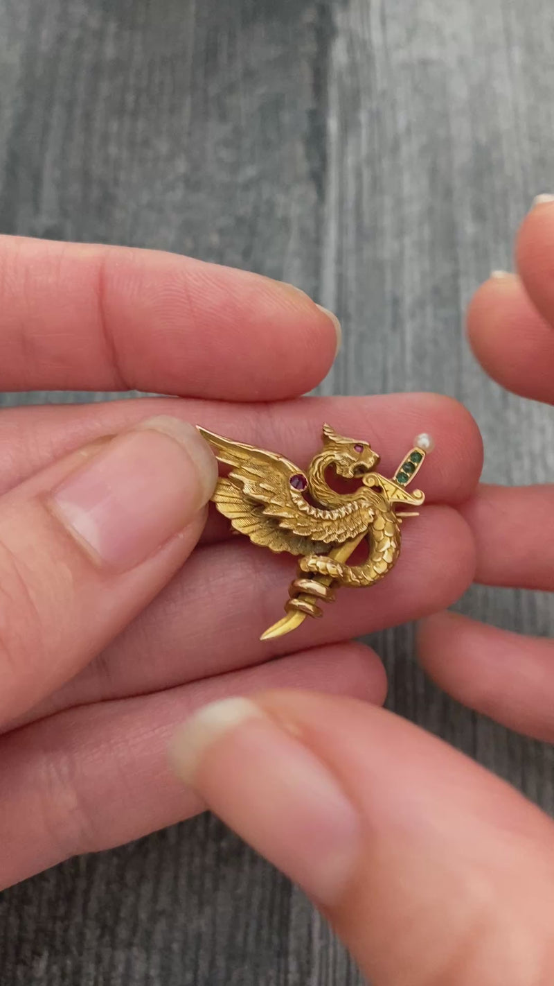 Art Nouveau Rikers Brothers 14K Gold Dragon Pin