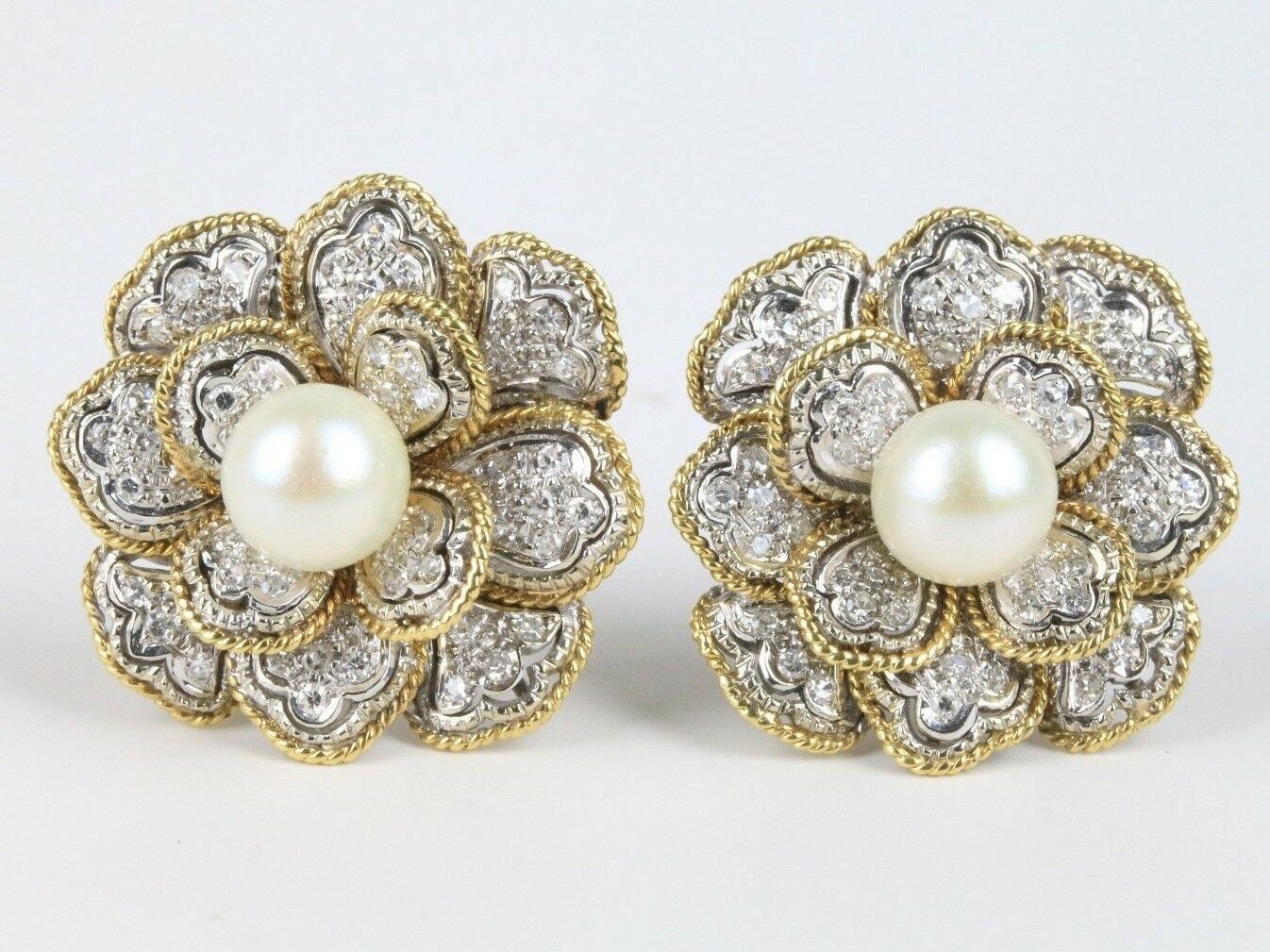 Platinum 18K Gold Pearl and 1.5 Carat Diamond Flower Cluster Clip Earrings