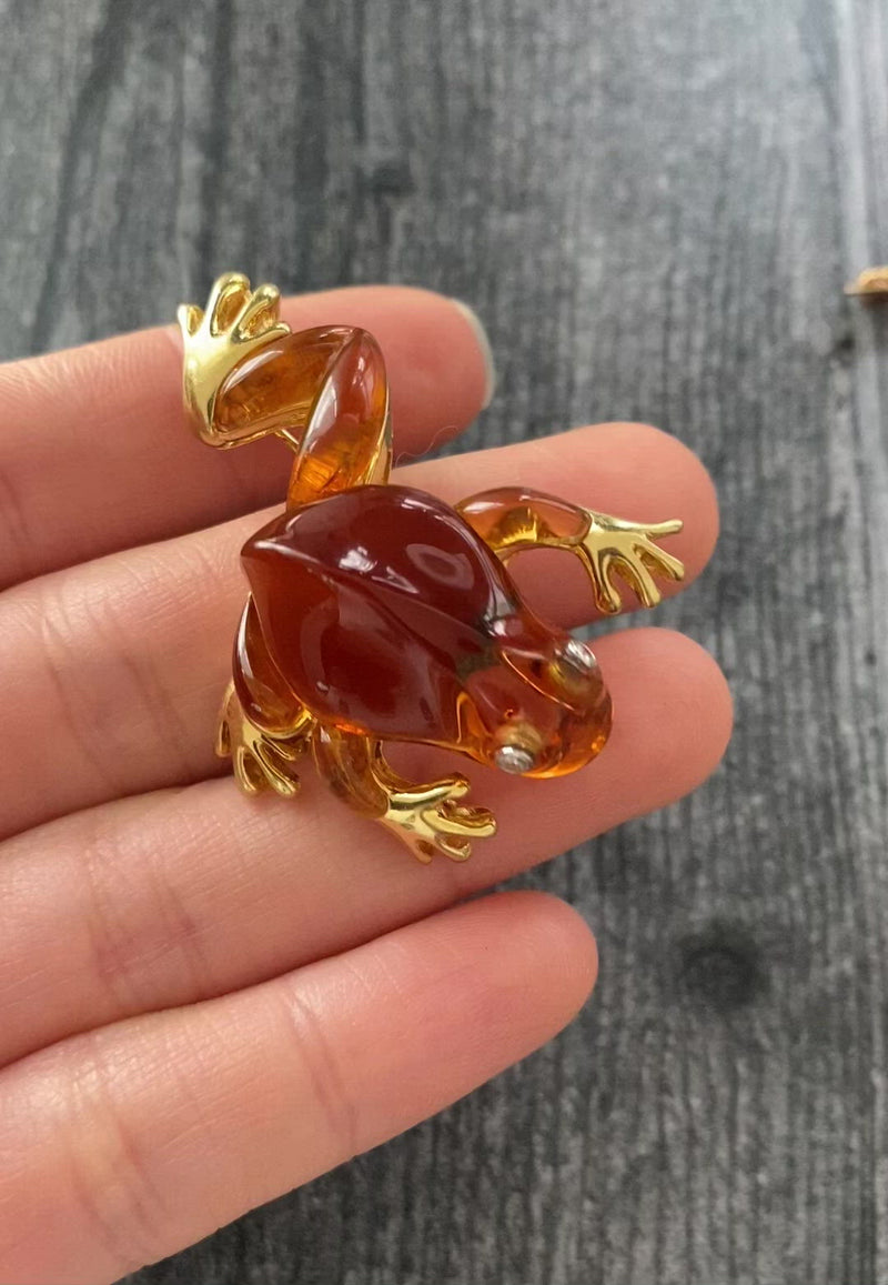 Vintage Carved Citrine, Diamond and 18K Gold Frog Brooch, Pin