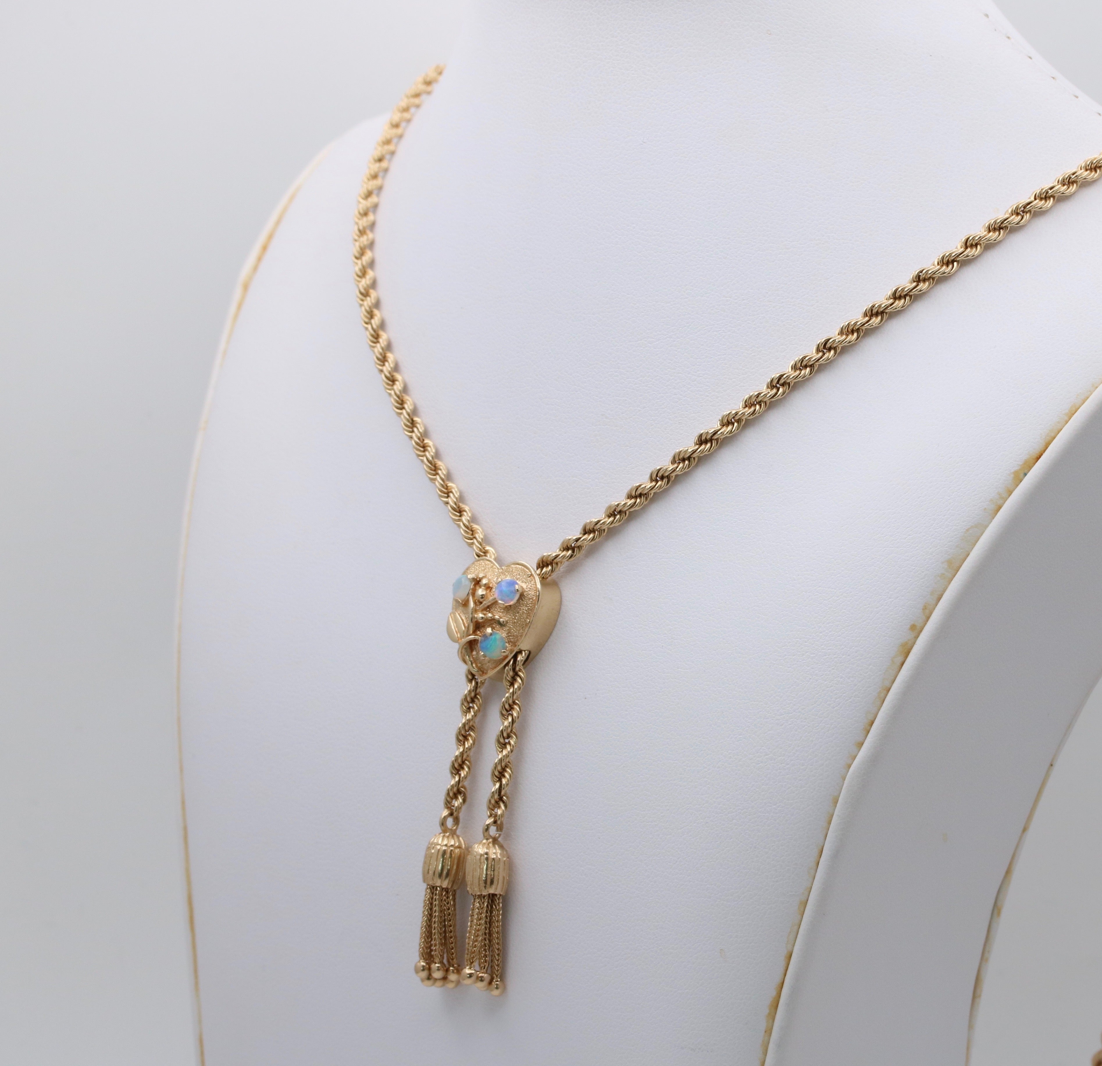 Vintage 14K Gold Rope Chain and Tassel Lariat with Opal Heart