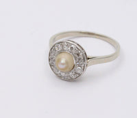 Art Deco Platinum and 14K Gold Pearl and Diamond Halo Ring