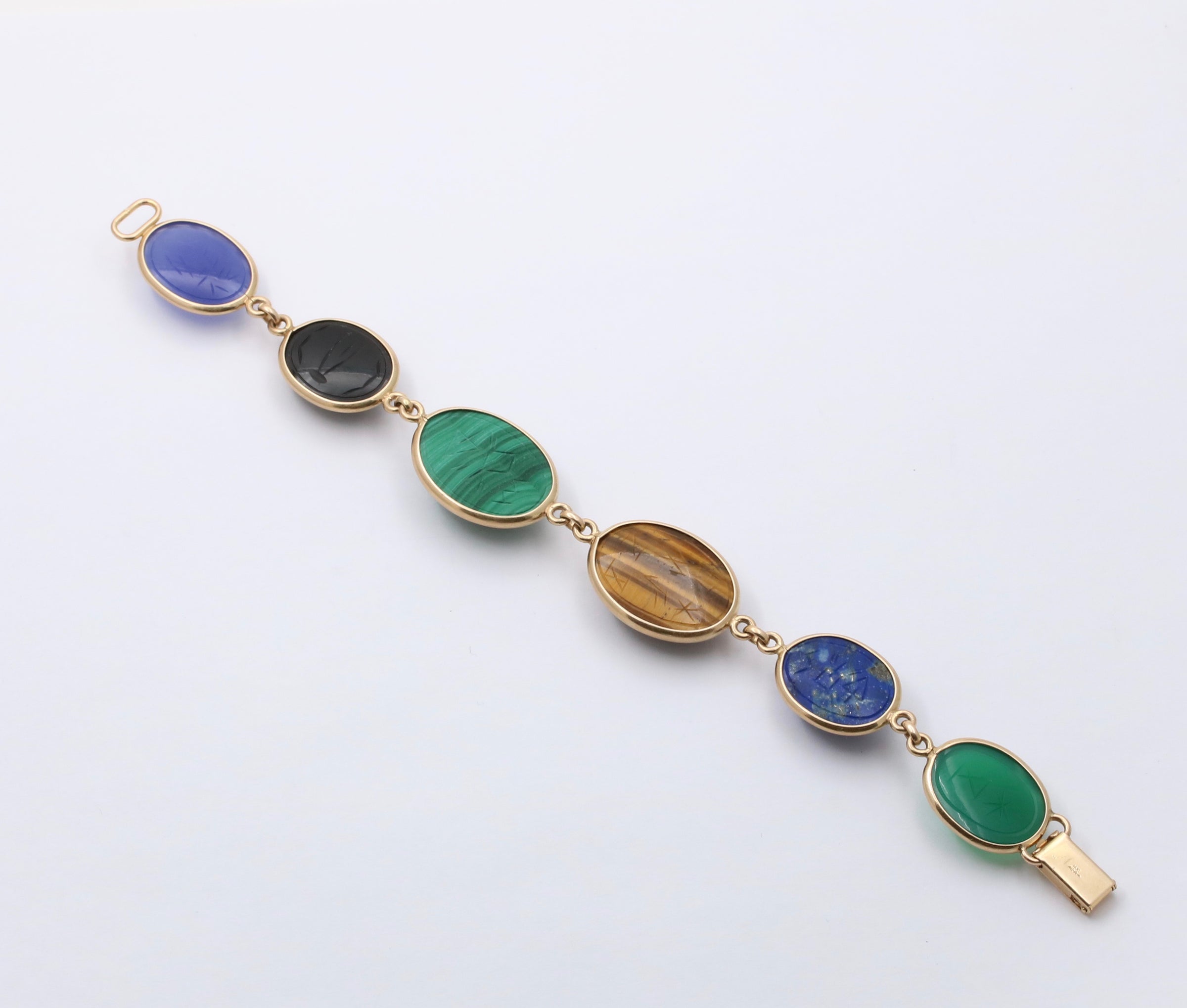 Vintage 14K Gold and & Gemstone – Omega Alpha Jewelry Scarab Bracelet Multicolor Carved
