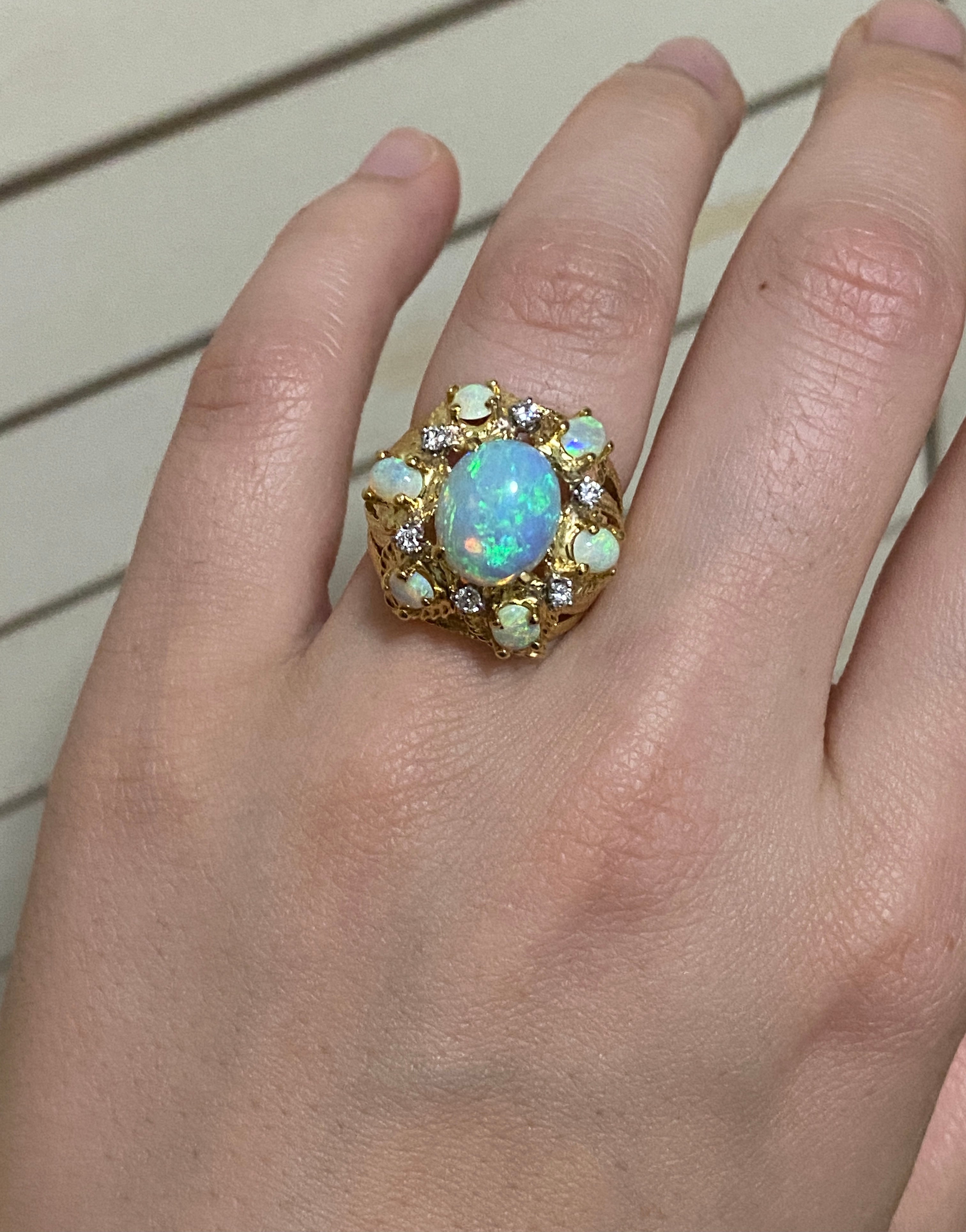 Vintage 18K Gold Opal Diamond Cluster Cocktail Ring, October Birthstone