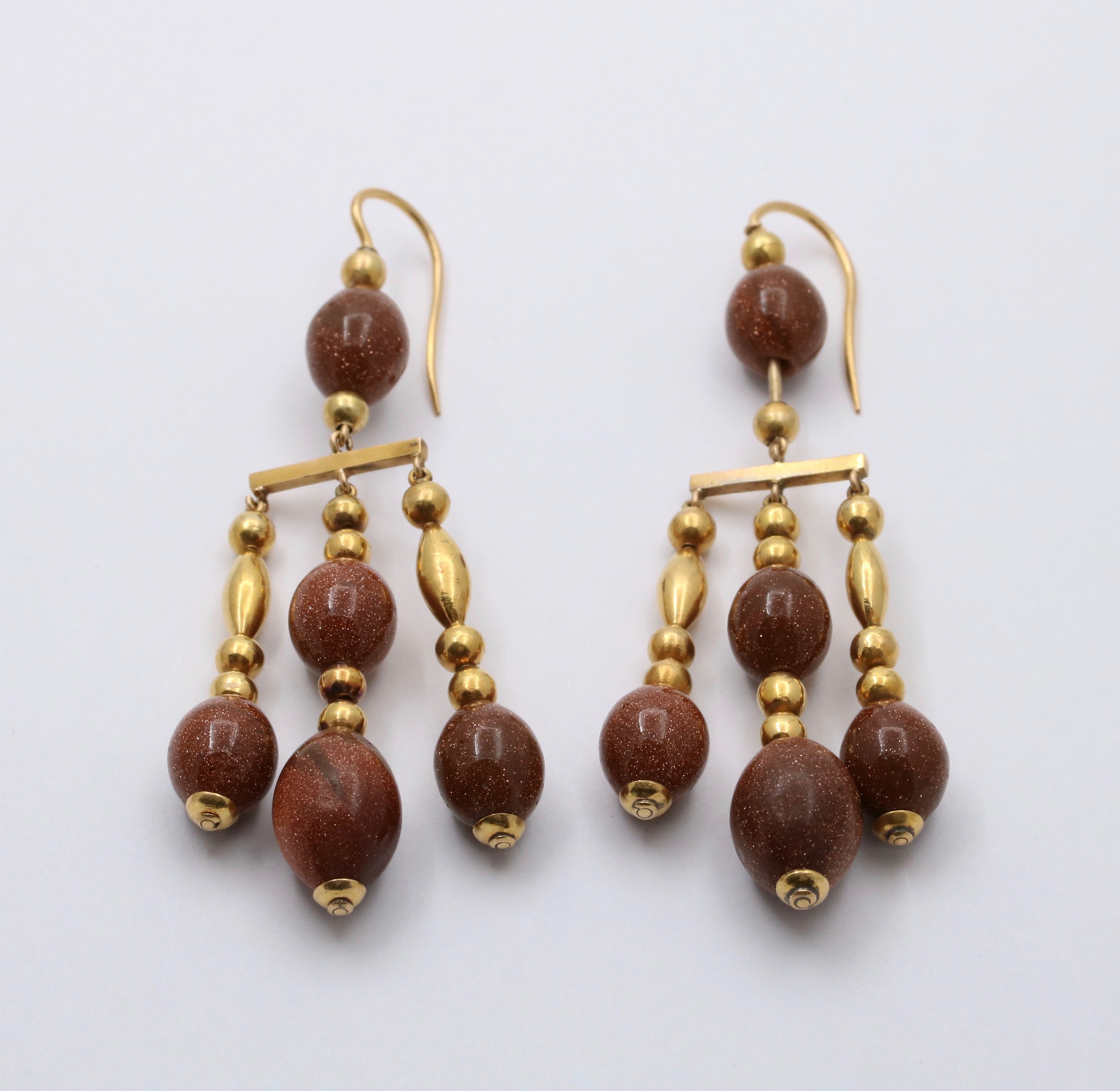 Gold combined dangling earrings with brown stone Cadence | JewelryAndGems.eu