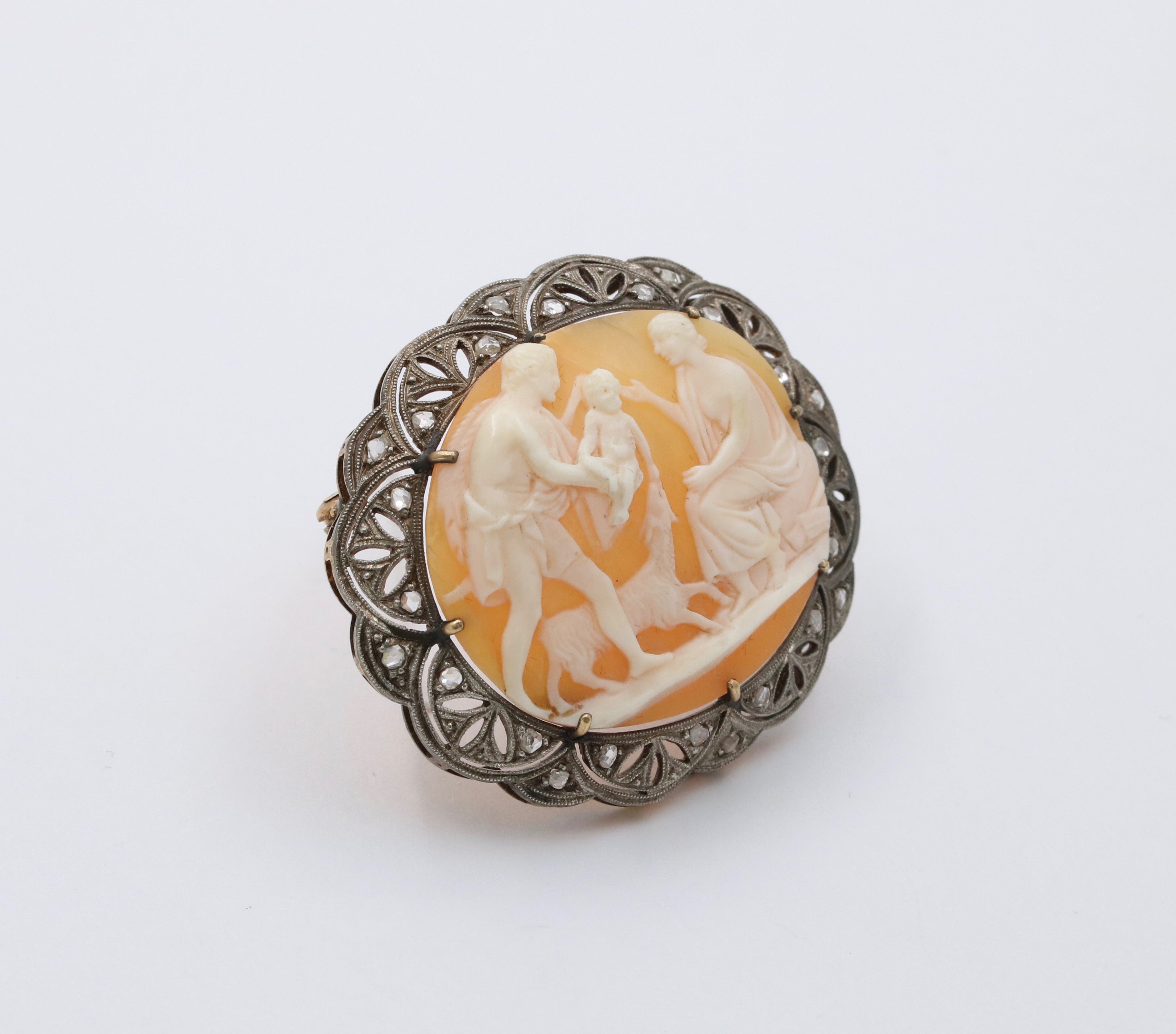 Antique 18K Gold, Silver, and Diamond Cameo Brooch, Pin – Alpha
