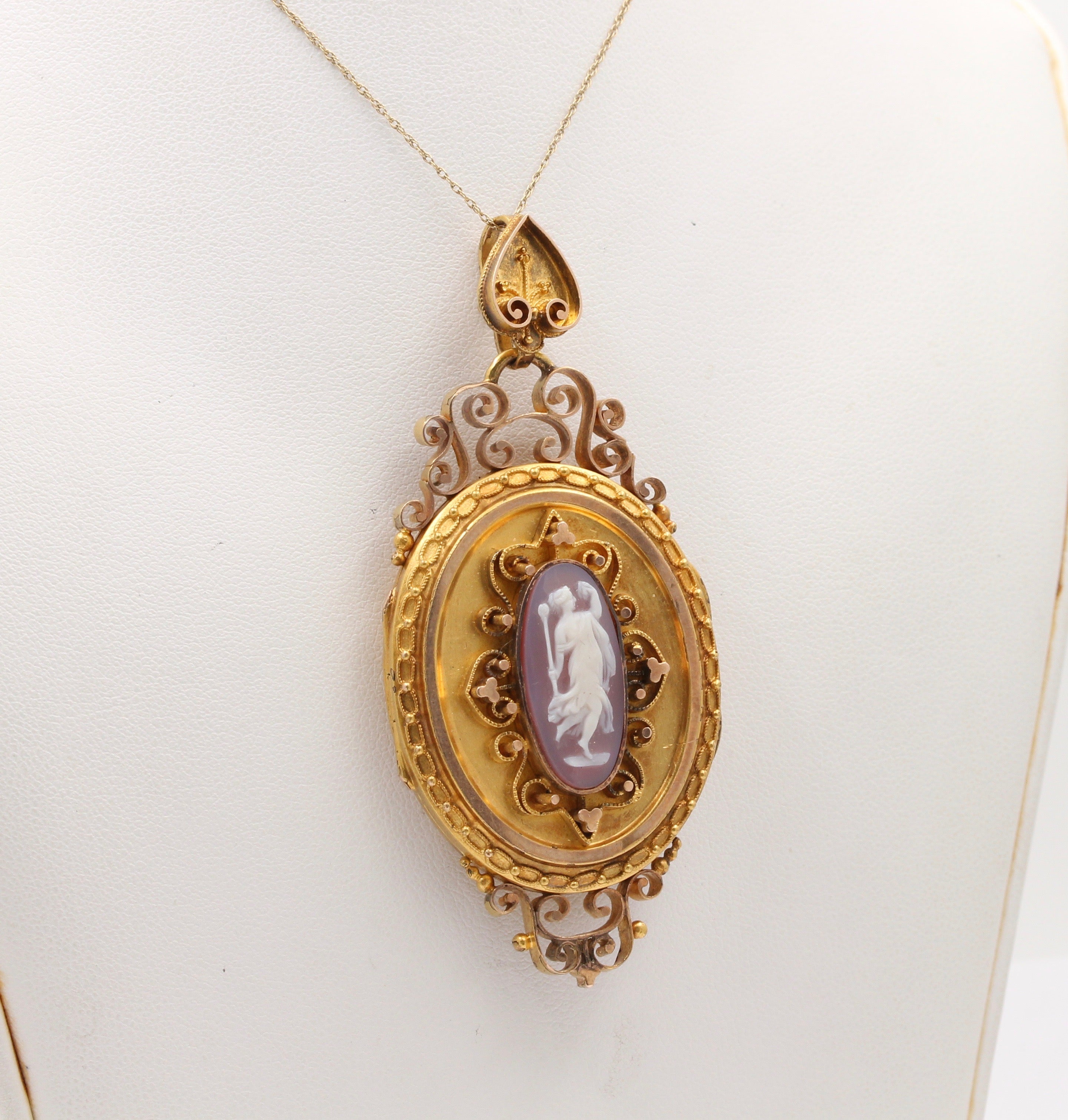 Large Victorian 18K Gold and Banded Agate Cameo Locket, Antique Pendant