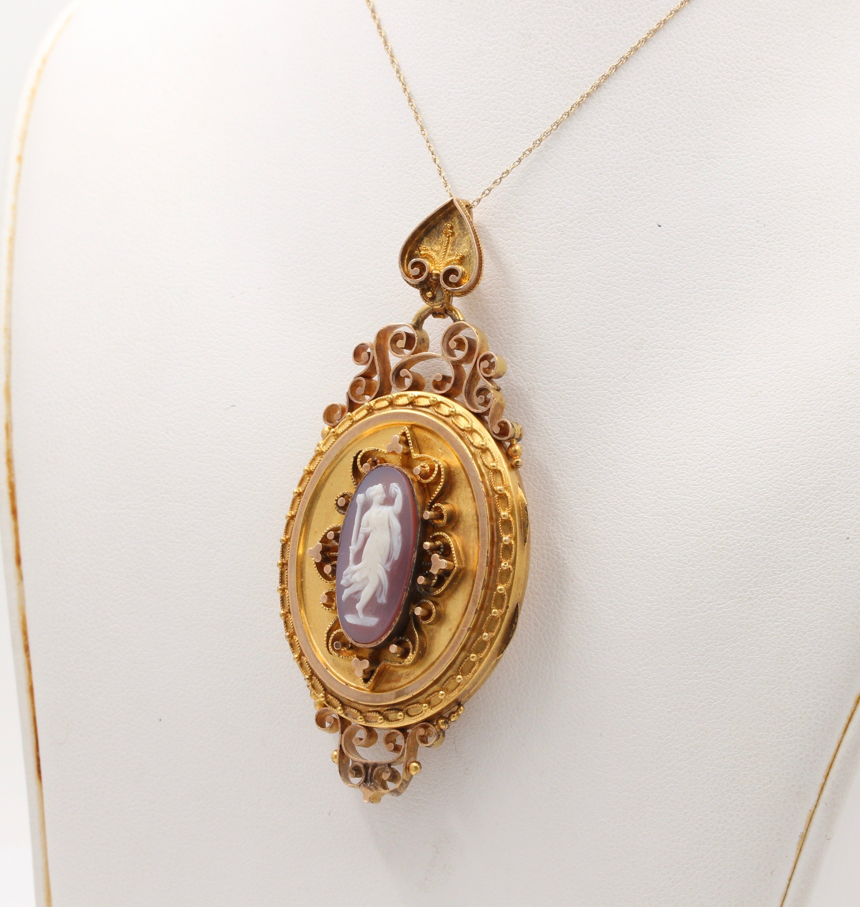 Large Victorian 18K Gold and Banded Agate Cameo Locket, Antique Pendant