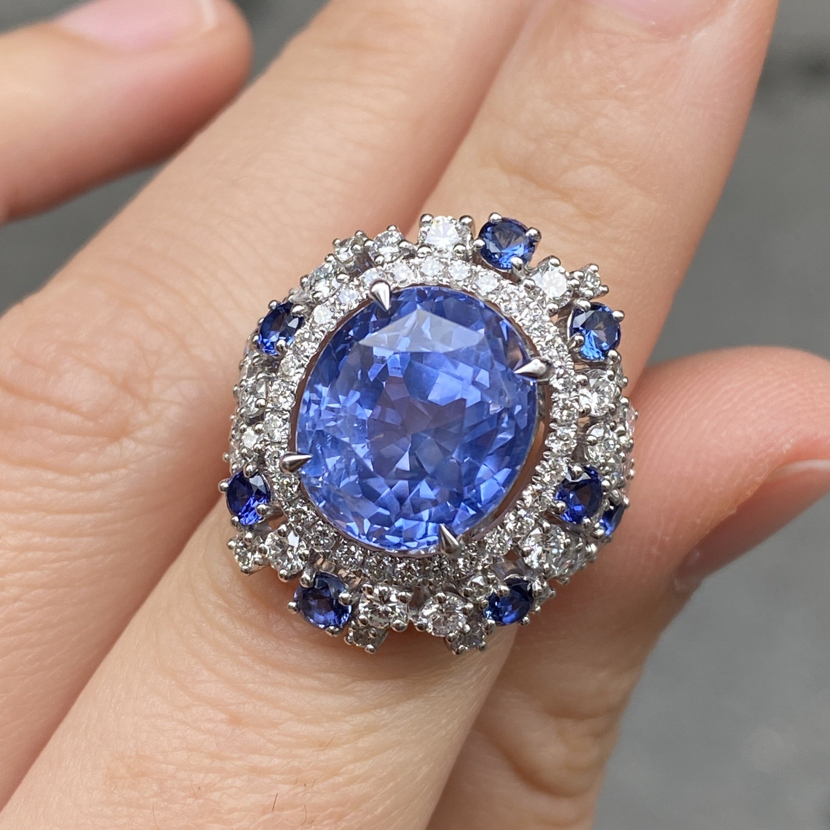 Vintage GIA 12.63 Ct Ceylon Unheated Sapphire and Diamond Cluster Ring