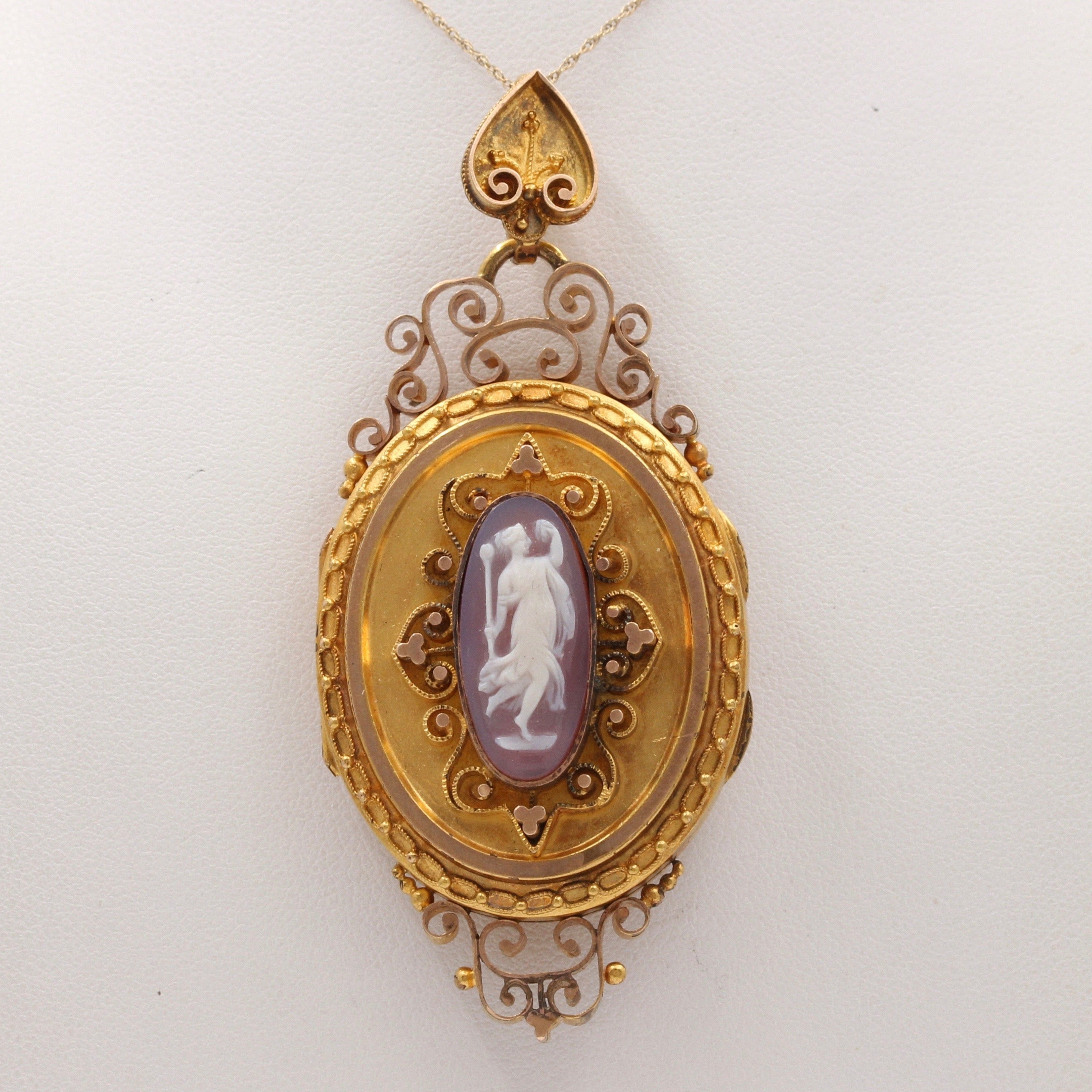 Large Victorian 18K Gold and Banded Agate Cameo Locket, Antique Pendant