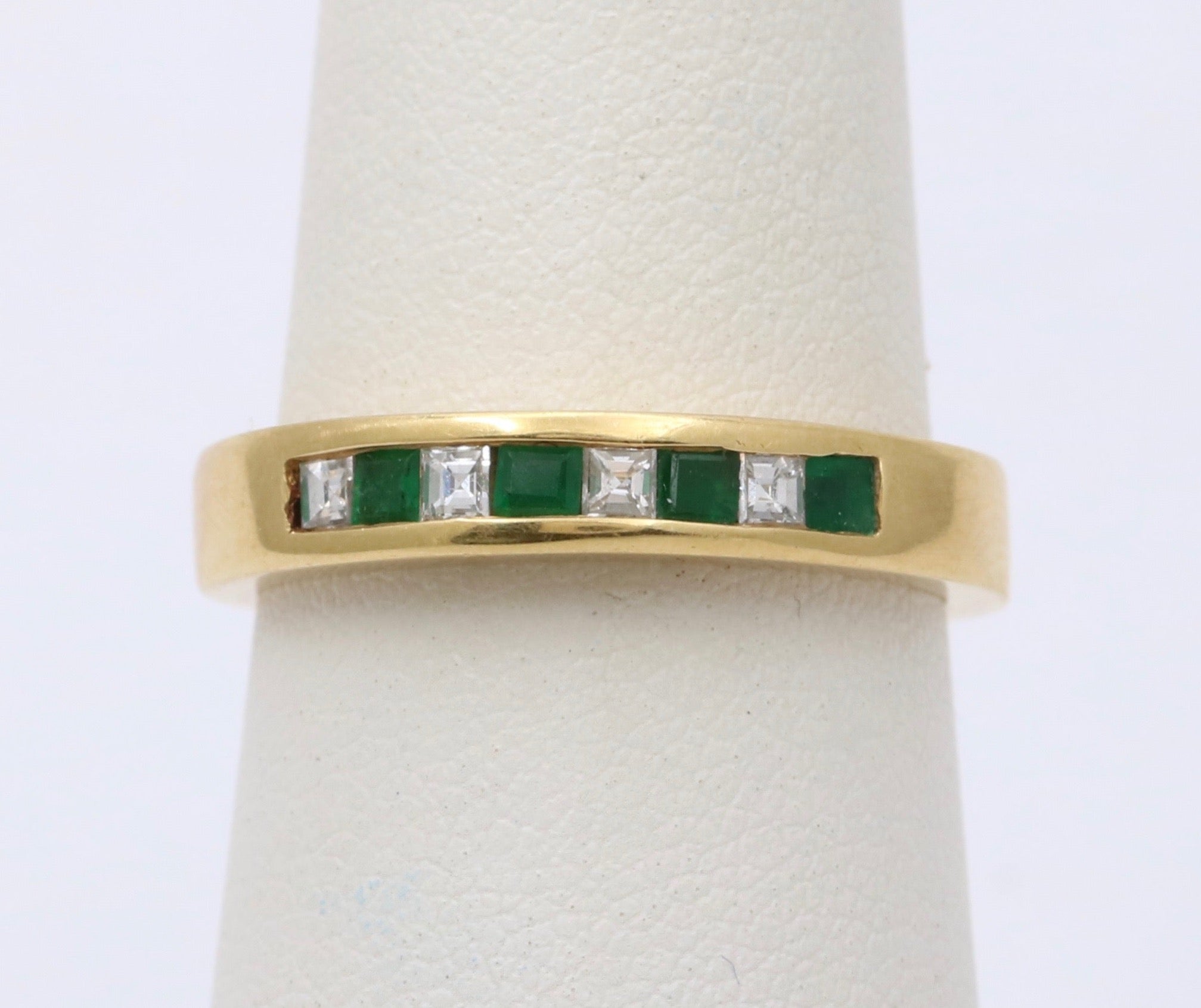 Vintage 18K Gold, Carre Cut Diamond, Emerald Wedding Band, Size 7.25  Stacking Ring