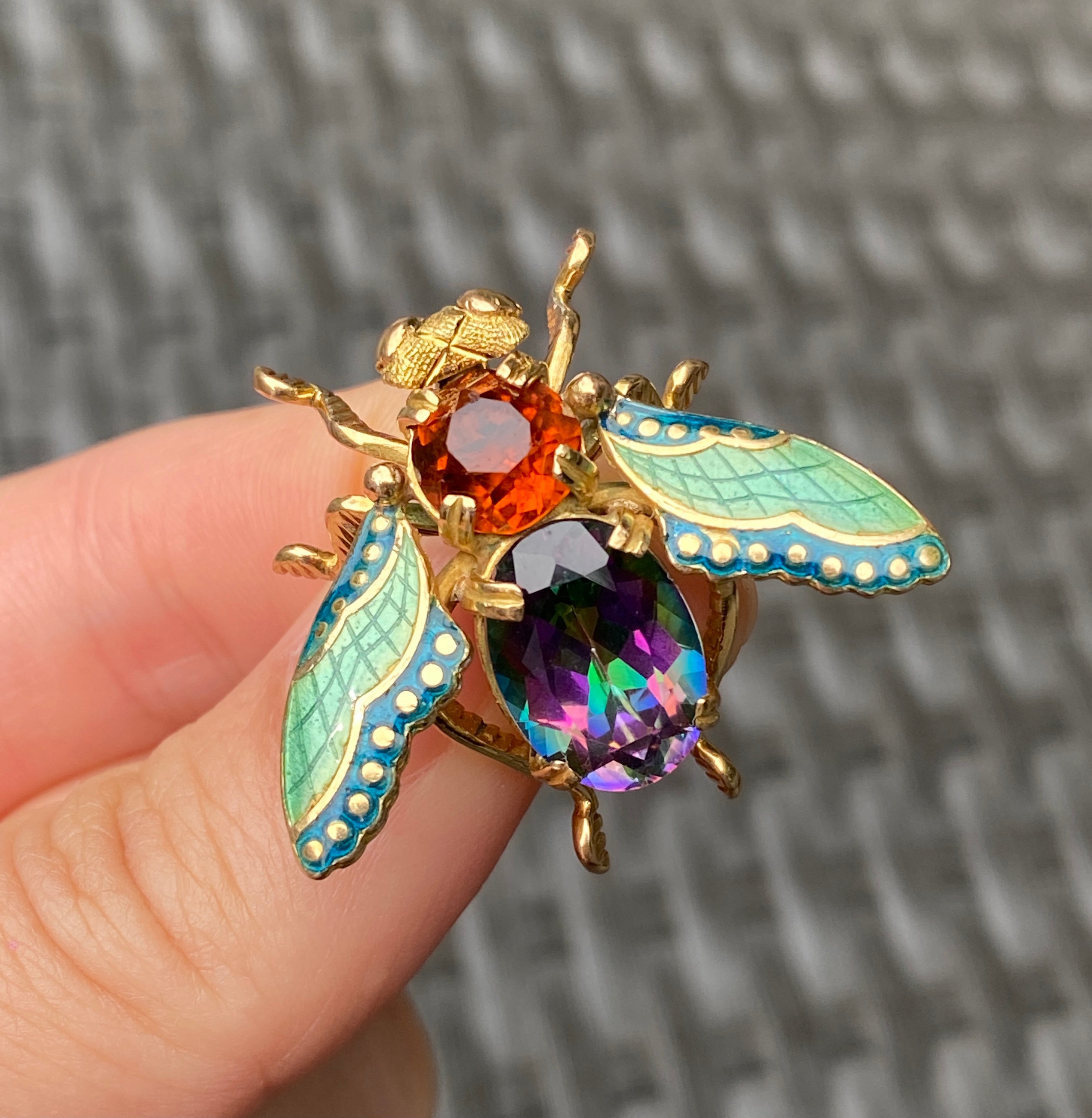 Vintage 18K Gold Enamel, Citrine, Mystic Topaz Fly Insect Pin, Bee