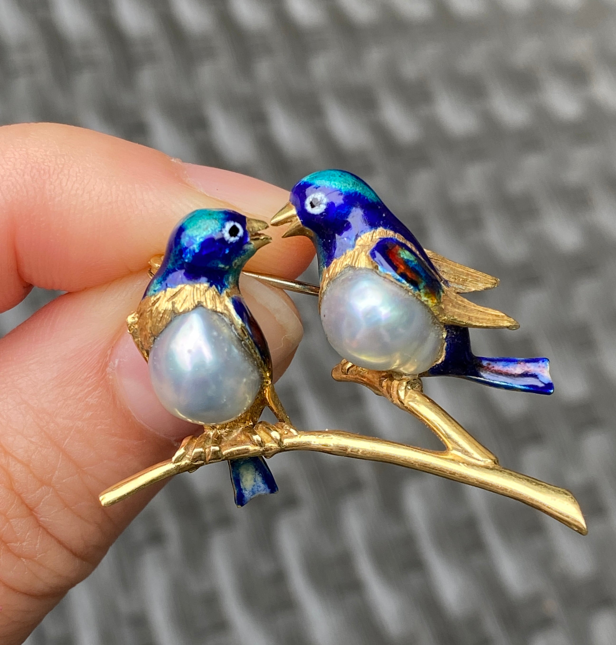 Vintage 18K Gold, Enamel, and Pearl Love Birds Brooch, Parrot Pin