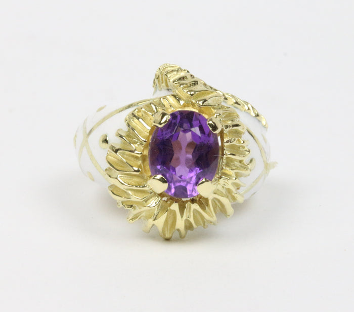 Funky Natural Amethyst and White Enamel Heavy 18K Gold Ring