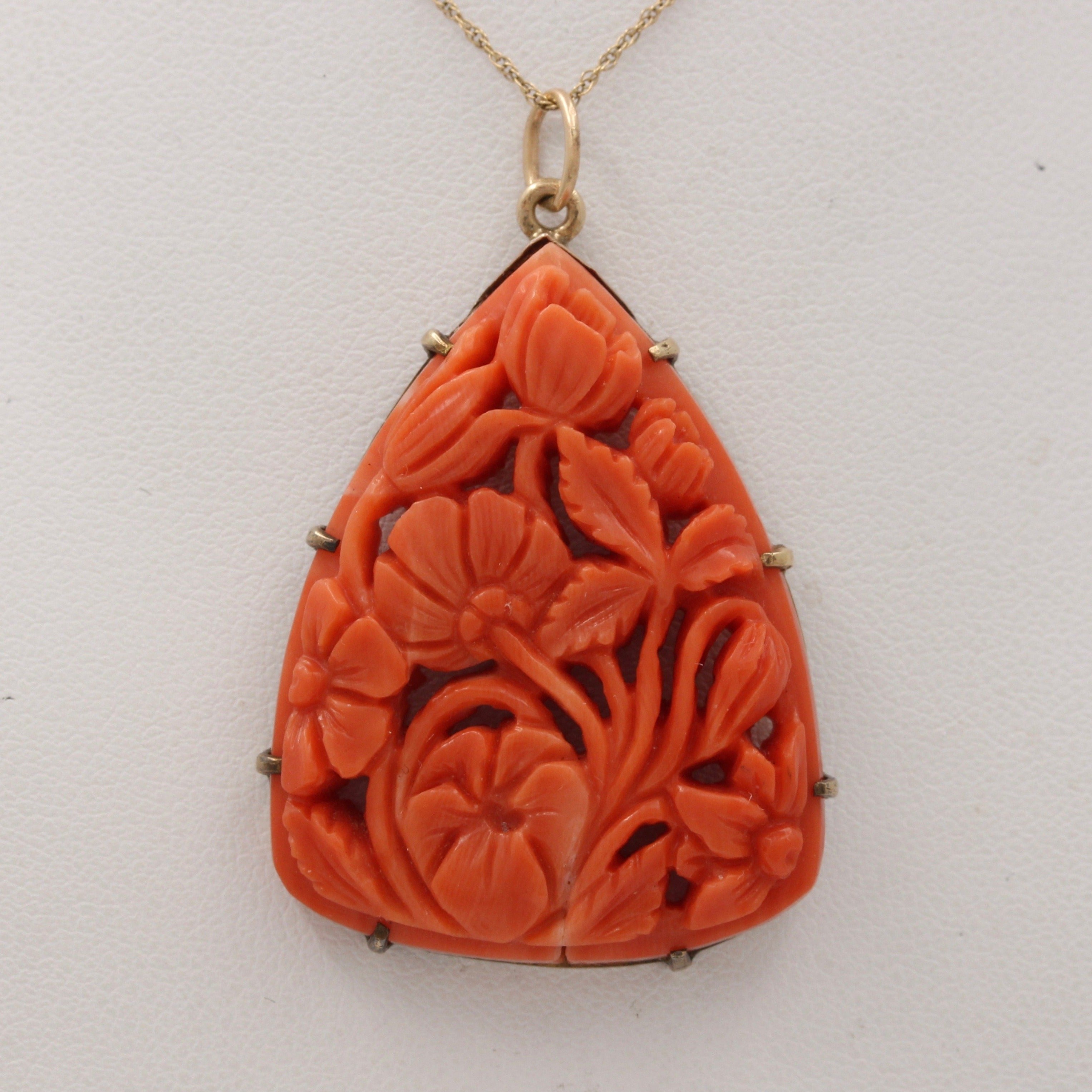 Victorian 9K Gold, Carved Coral Flowers Bouquet Pendant, Antique Charm